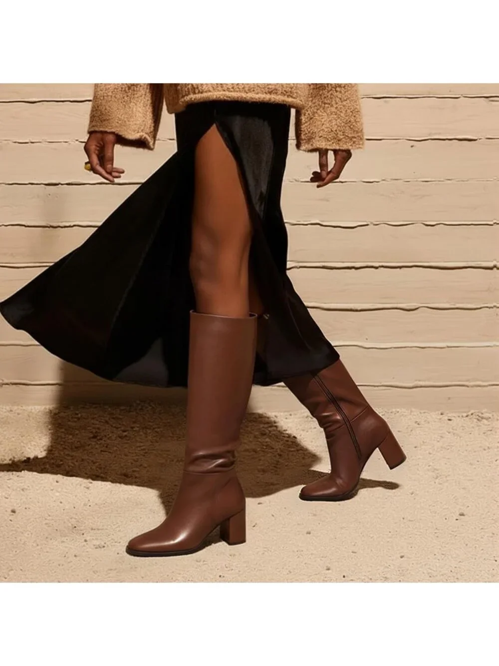 Women's Brown Round Toe Side Zip Chunky Heel Fashion Tall Knee High